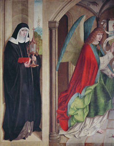 The Annunciation with St. Clare of Assisi, left panel of the retable when closed, 1480 by Master of the Carnation